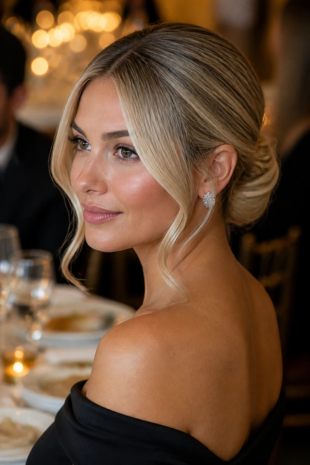 Portrait of a woman with sleek low chignon and face framing pieces
