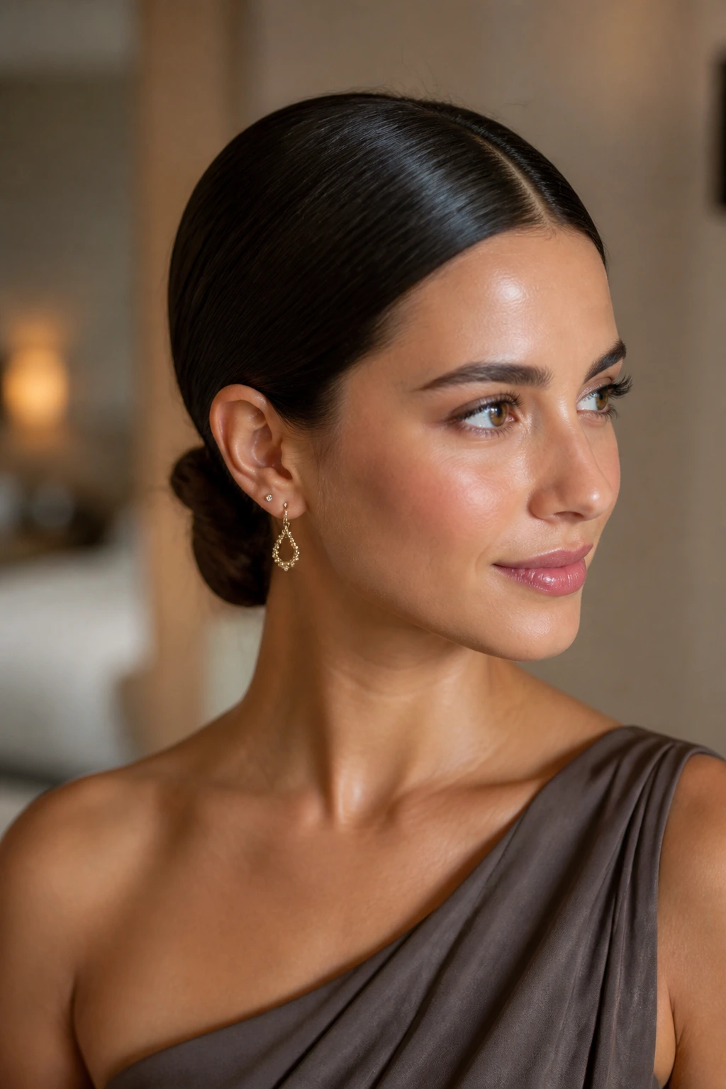 Real woman with sleek low knot and middle part