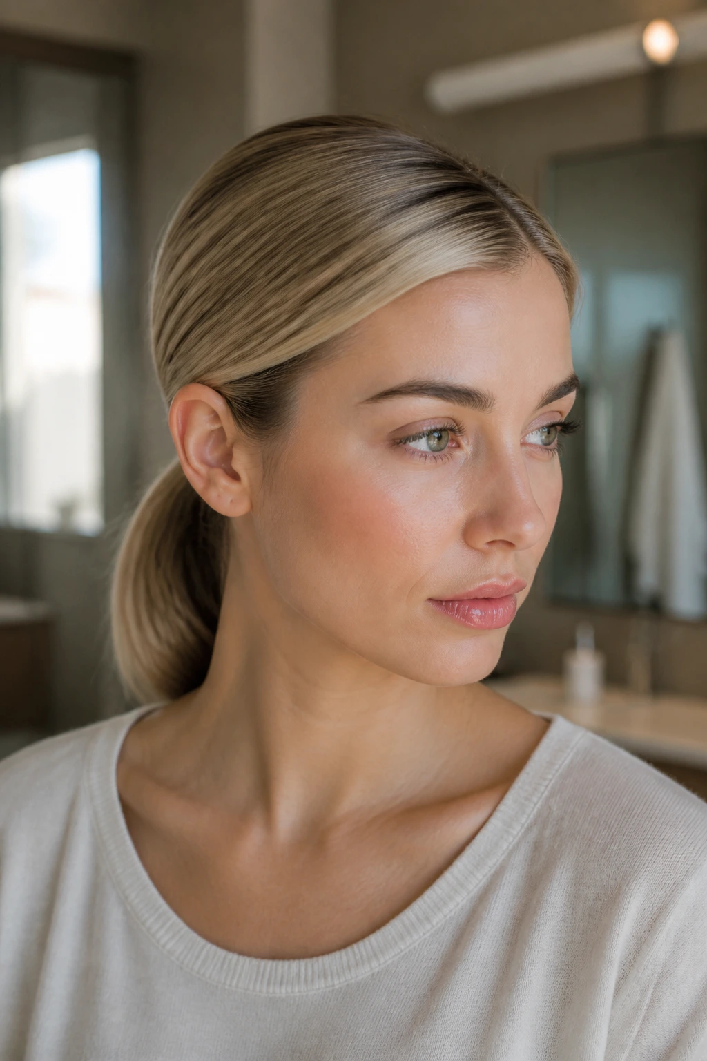 Close-up of a real woman with a sleek low pony and side part