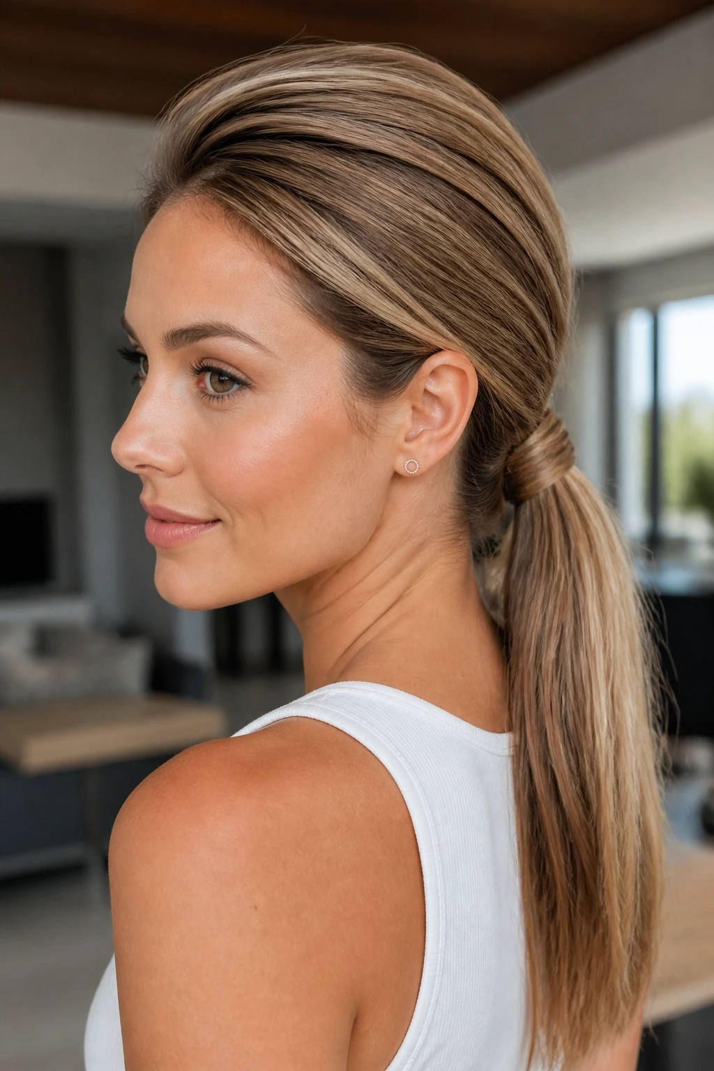Close-up of a real woman with a sleek low pony and crown-height lift in natural light.