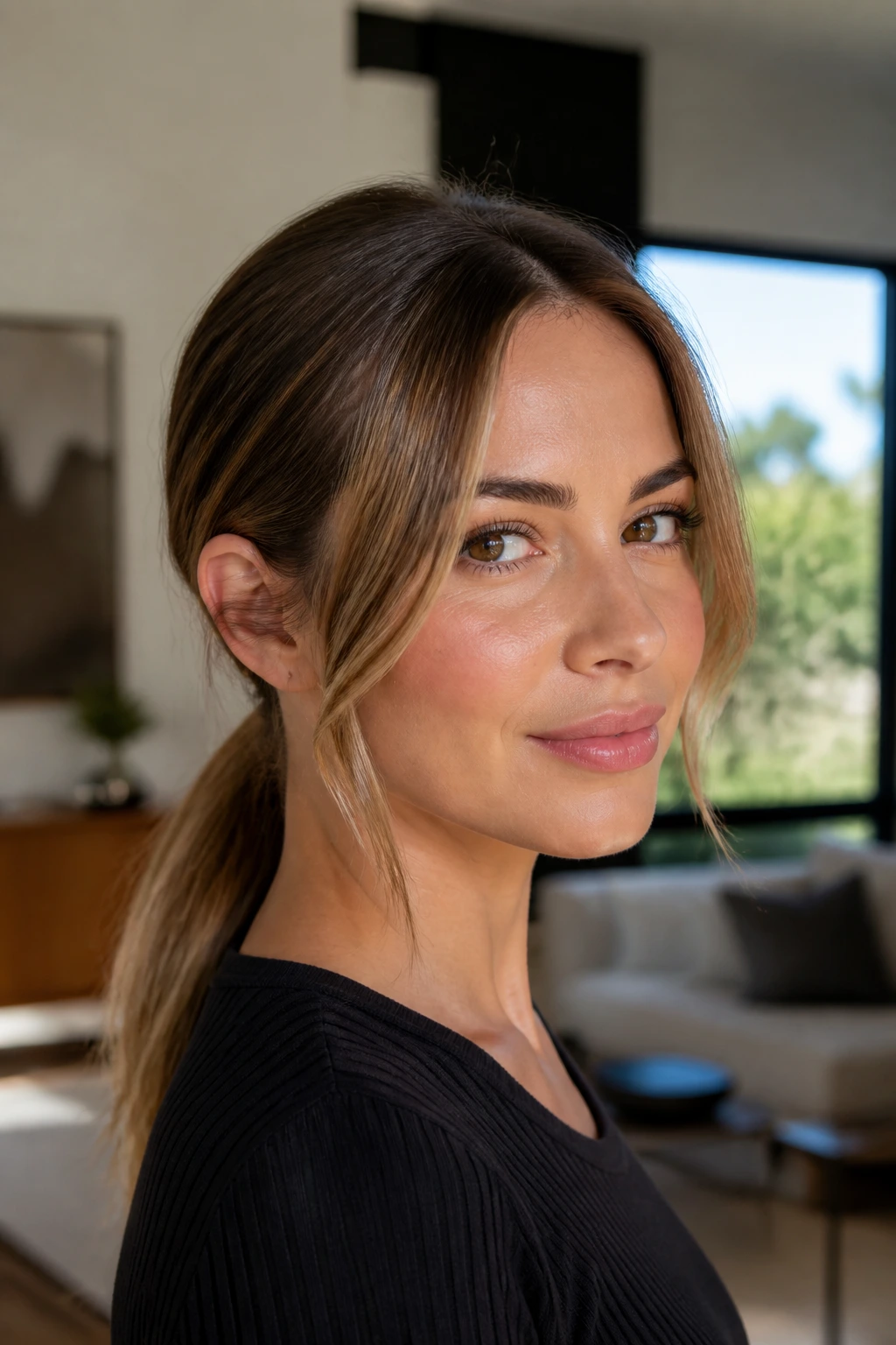 Close-up of a real woman with a sleek low pony and face-framing pieces in a sunny living room.