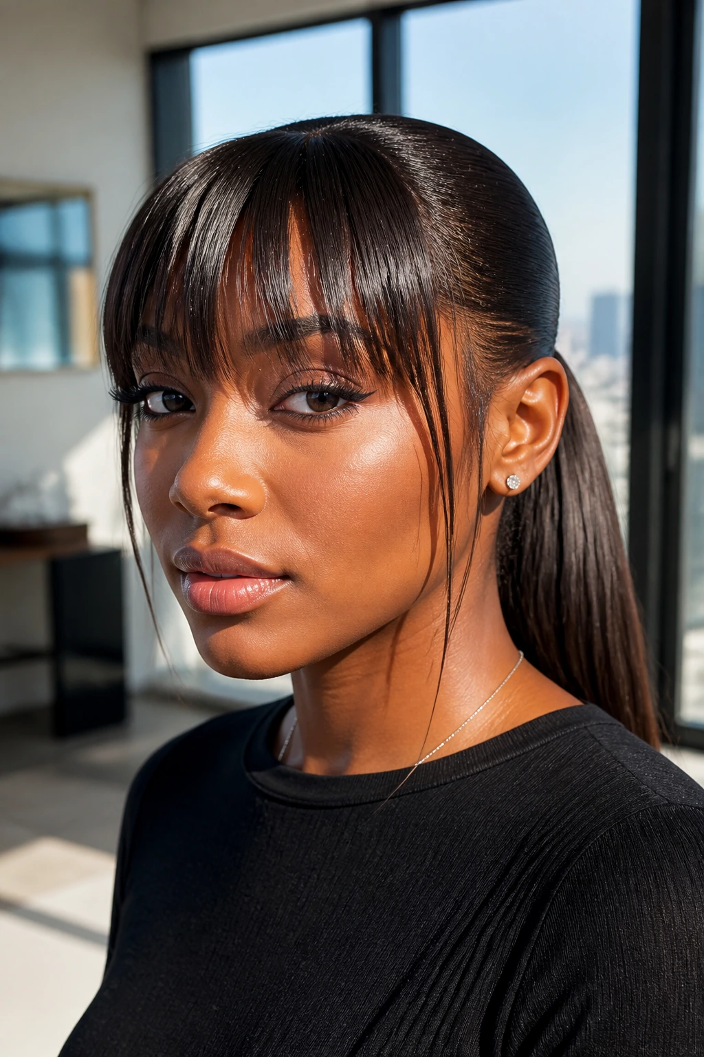 Close-up of a real person with a sleek low ponytail and choppy leave-out bangs indoors.