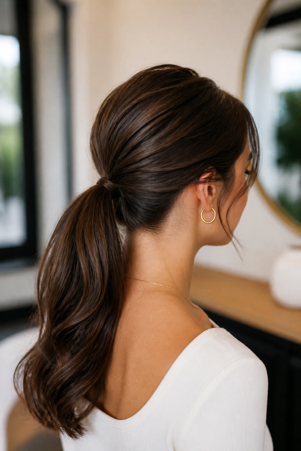 Portrait of a real woman with a sleek low ponytail and crown lift.