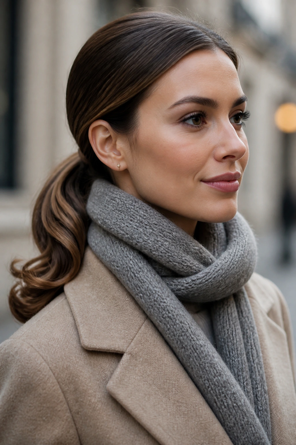 Woman with a sleek low ponytail and curled ends in winter setting.