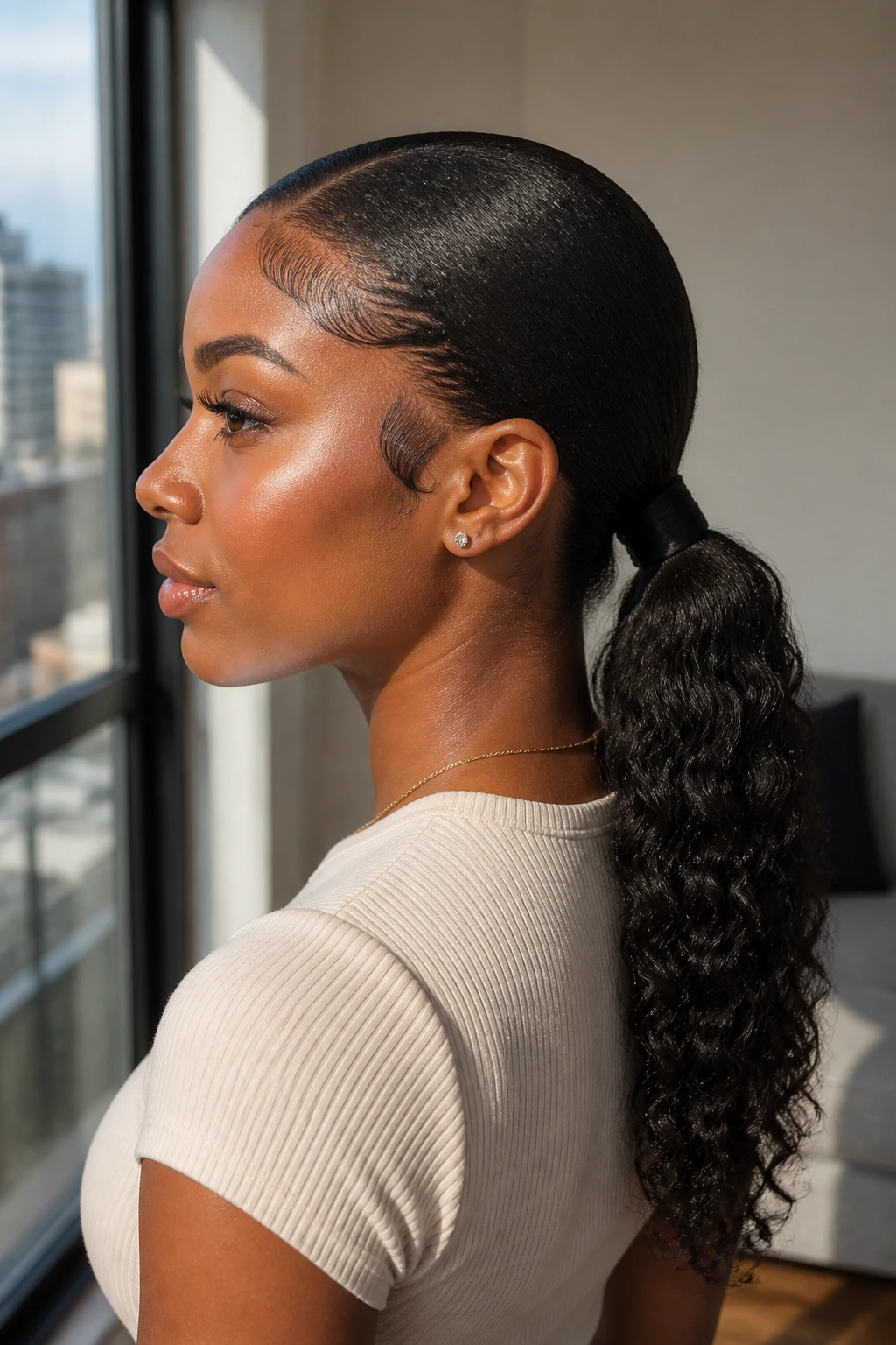 Side-profile of a woman with a sleek low ponytail and gelled edges