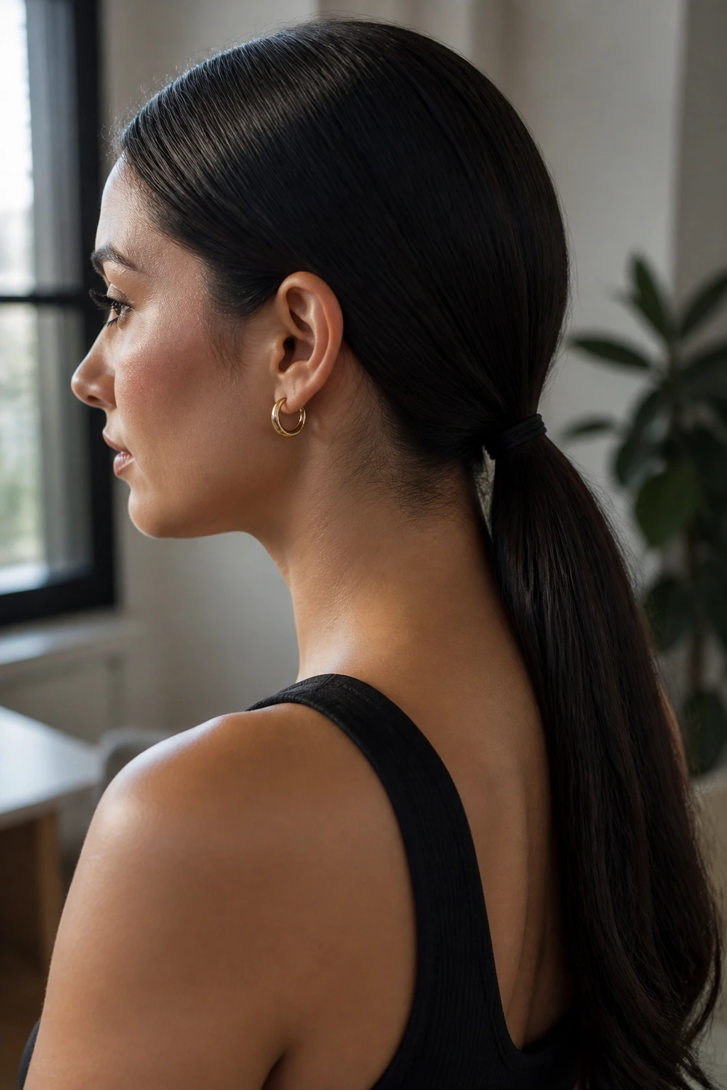Close-up of a real woman with a sleek low ponytail at the nape