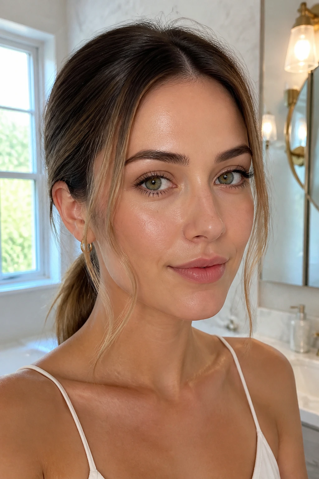Close-up of a real woman with a sleek low ponytail and tendrils around the face.