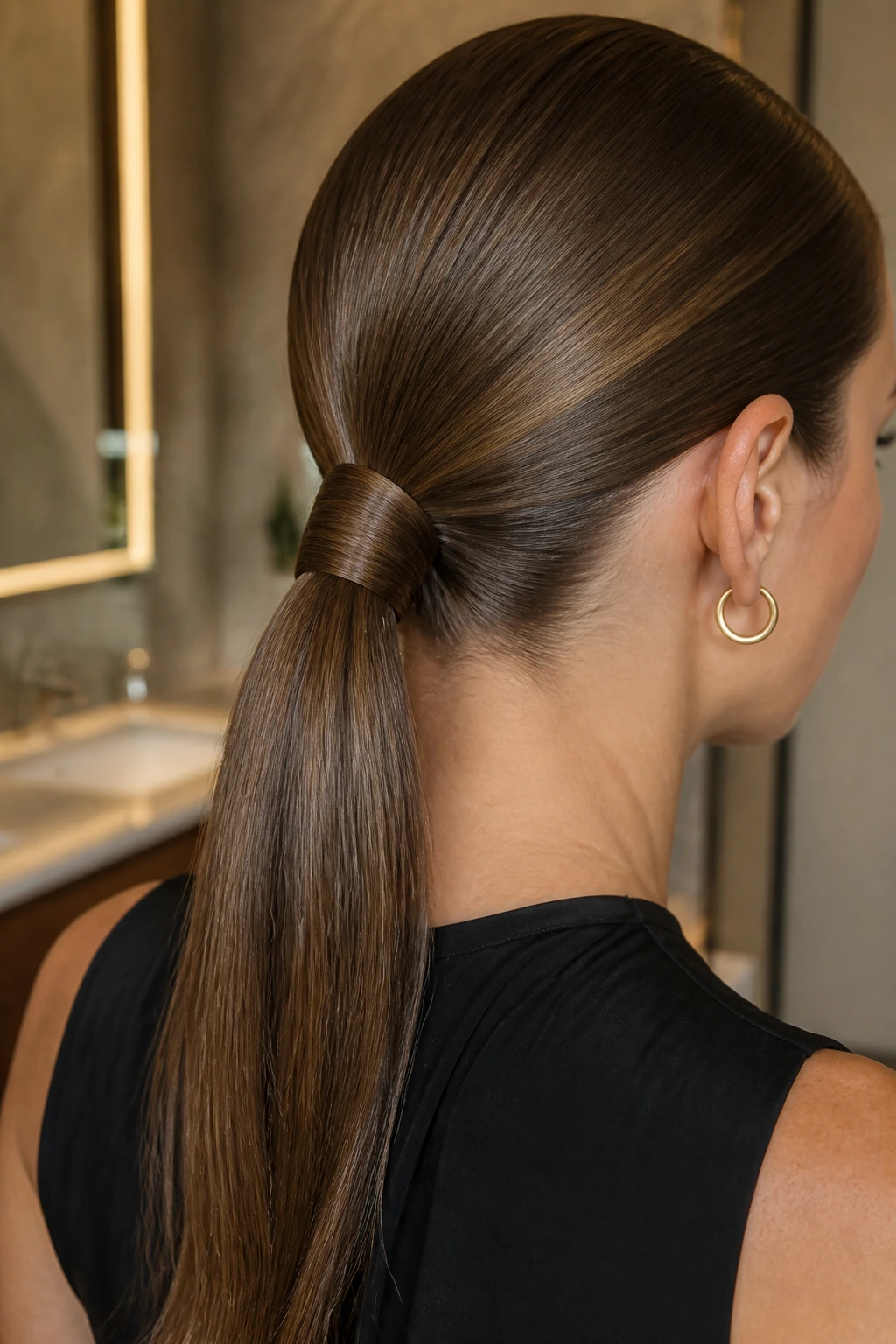Close-up of a real woman wearing a sleek low ponytail with a wrapped base.