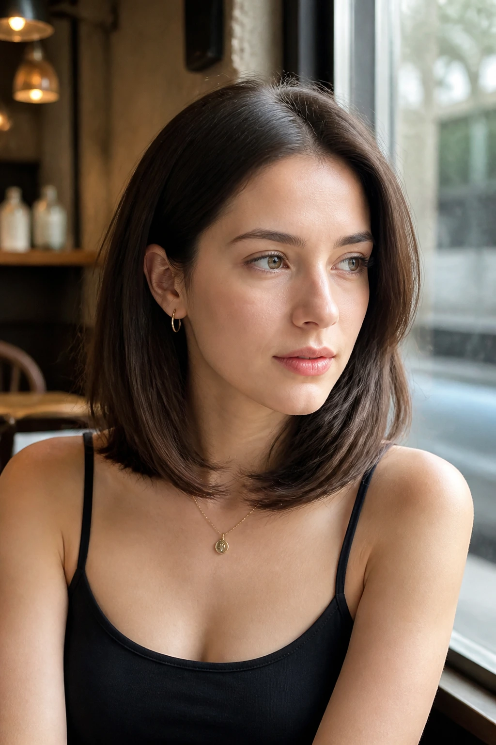Portrait of a real woman with sleek medium brunette hairstyle in cafe light