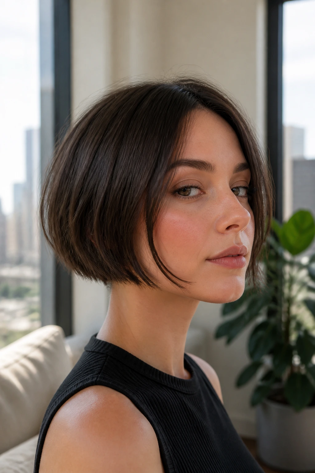 Close-up of a real woman with sleek, choppy micro bob