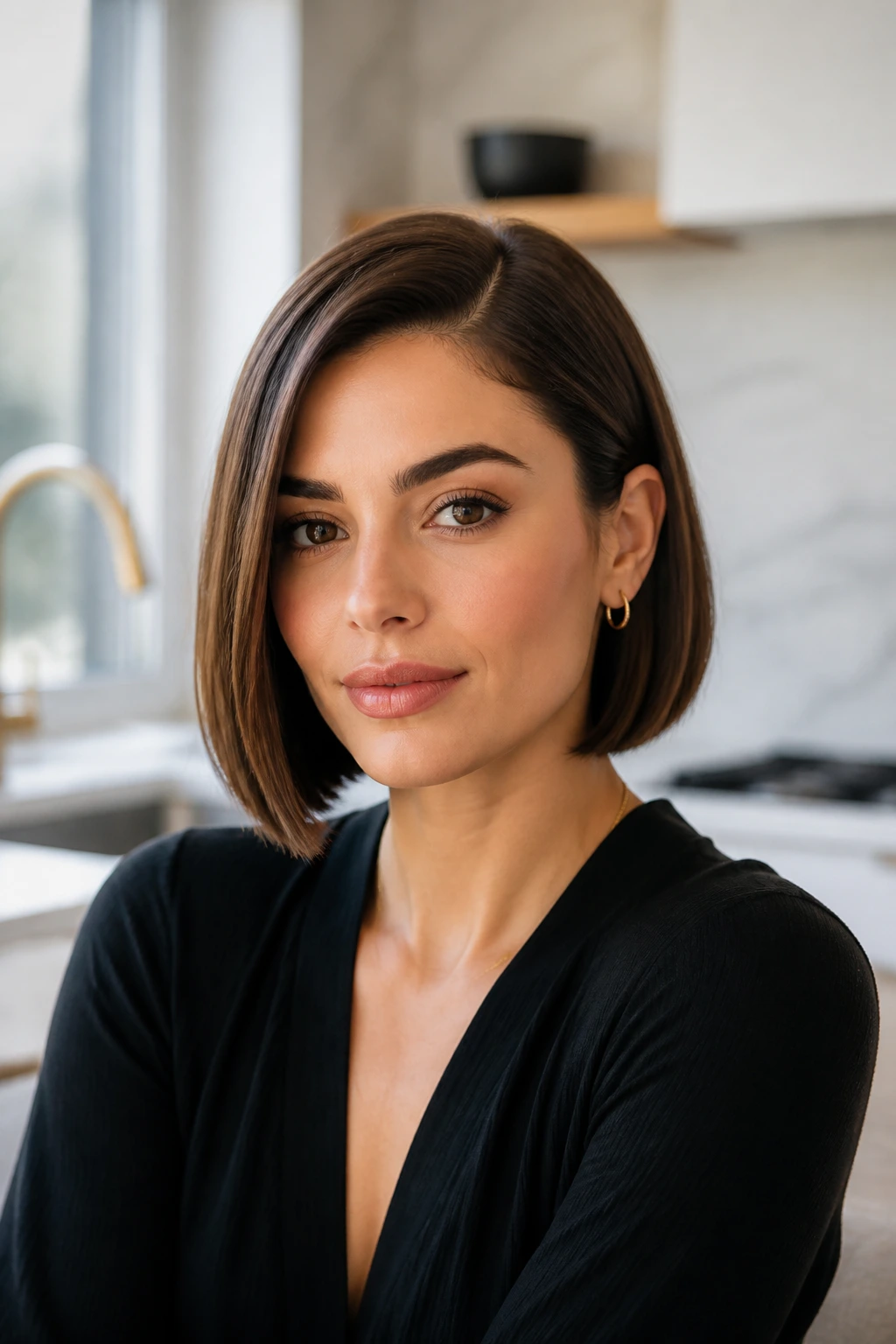 Close-up of a real woman with a sleek micro lob and off-center part