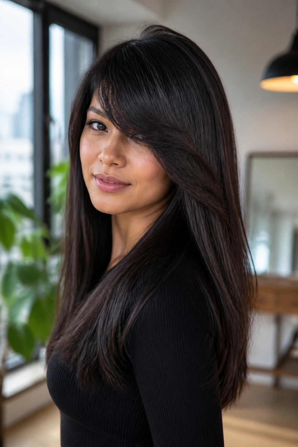 Portrait of a woman with sleek mid-back hair and heavy side sweep
