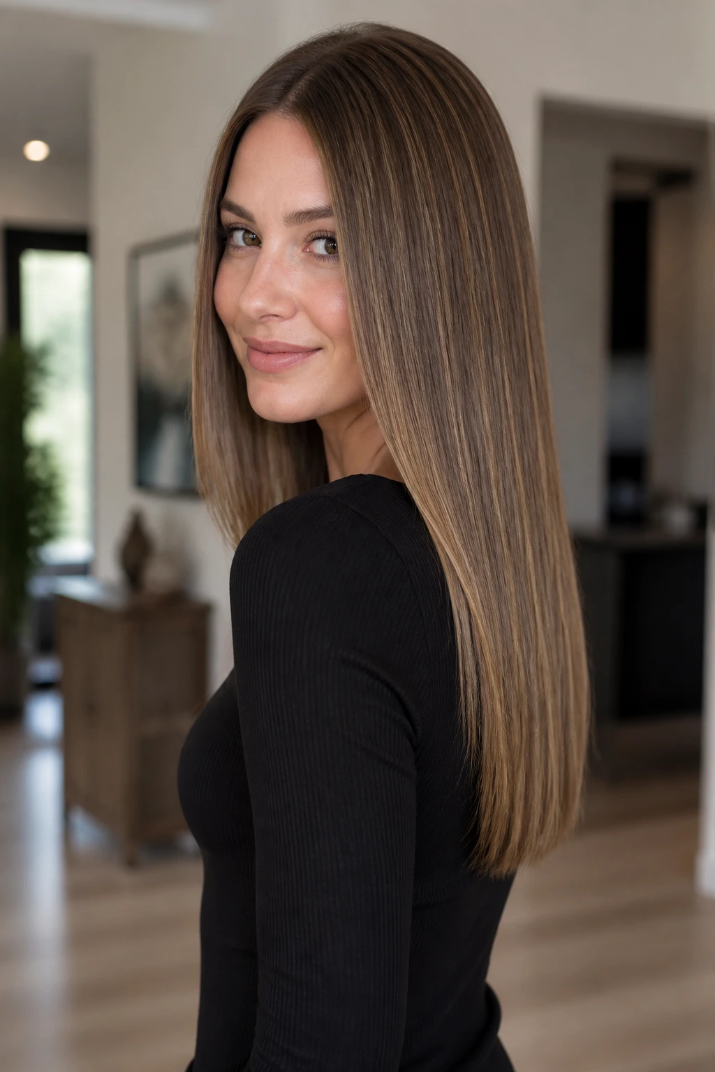 Portrait of a real woman with sleek mid-back hair and micro babylights