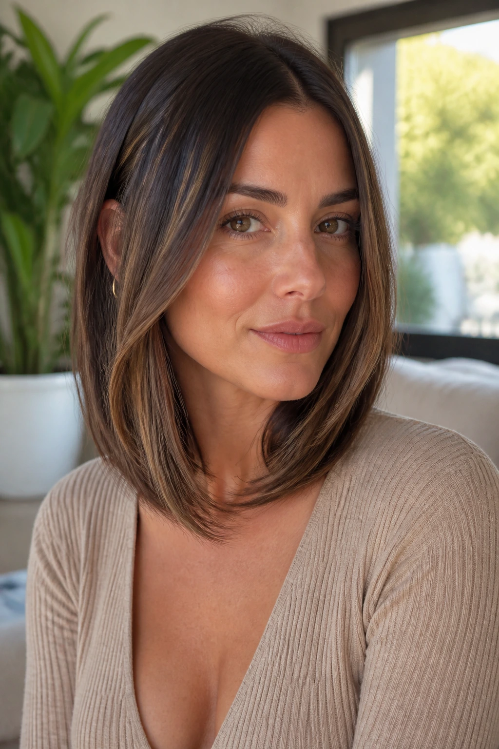 Real woman with sleek mid-length cut and face-framing pieces