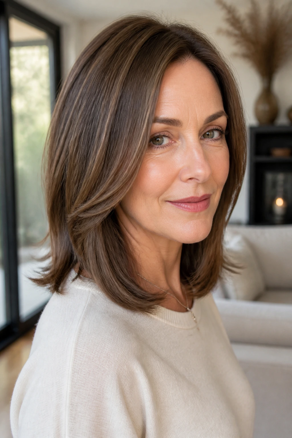 Close-up of a real woman with a sleek mid-length cut and invisible layers, warm natural window light.