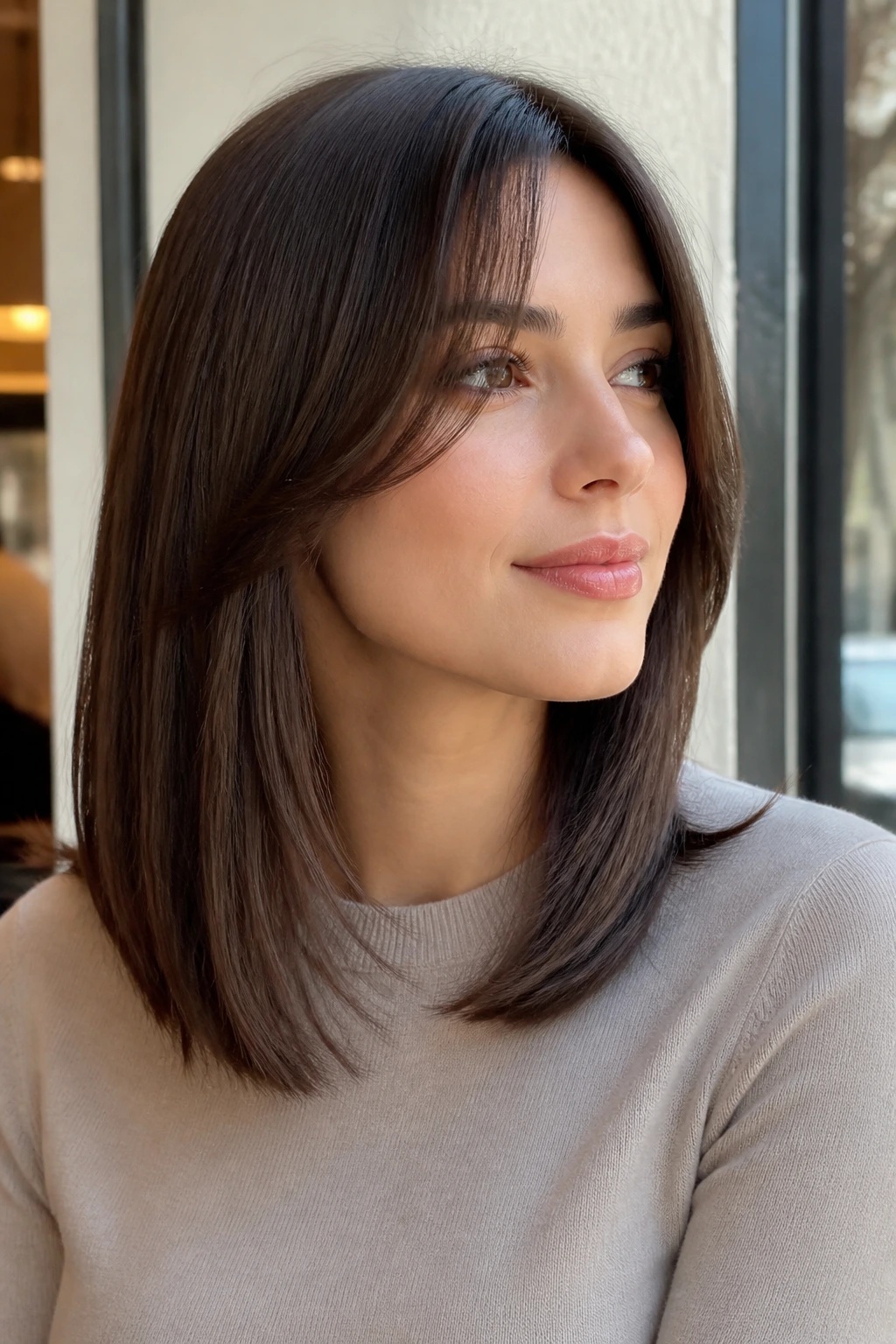 Portrait of a woman with sleek mid-length cut and sheer bangs in a cafe window.