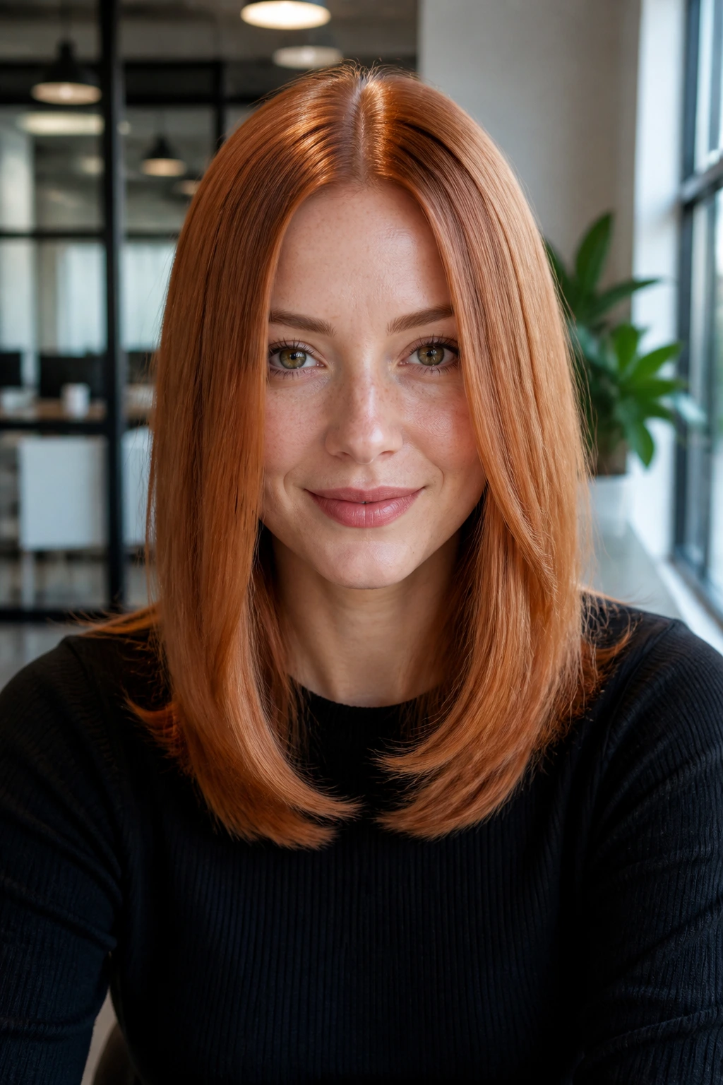 Close-up of a real woman with a sleek copper-red middle-part blowout