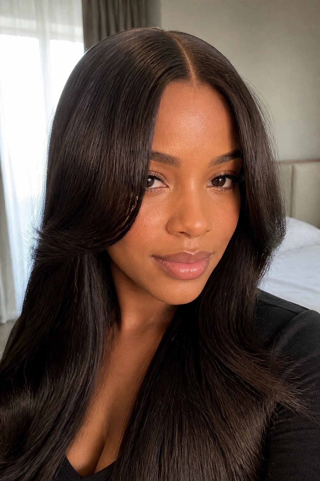 Portrait of a real woman with a sleek middle part and curtain bangs.