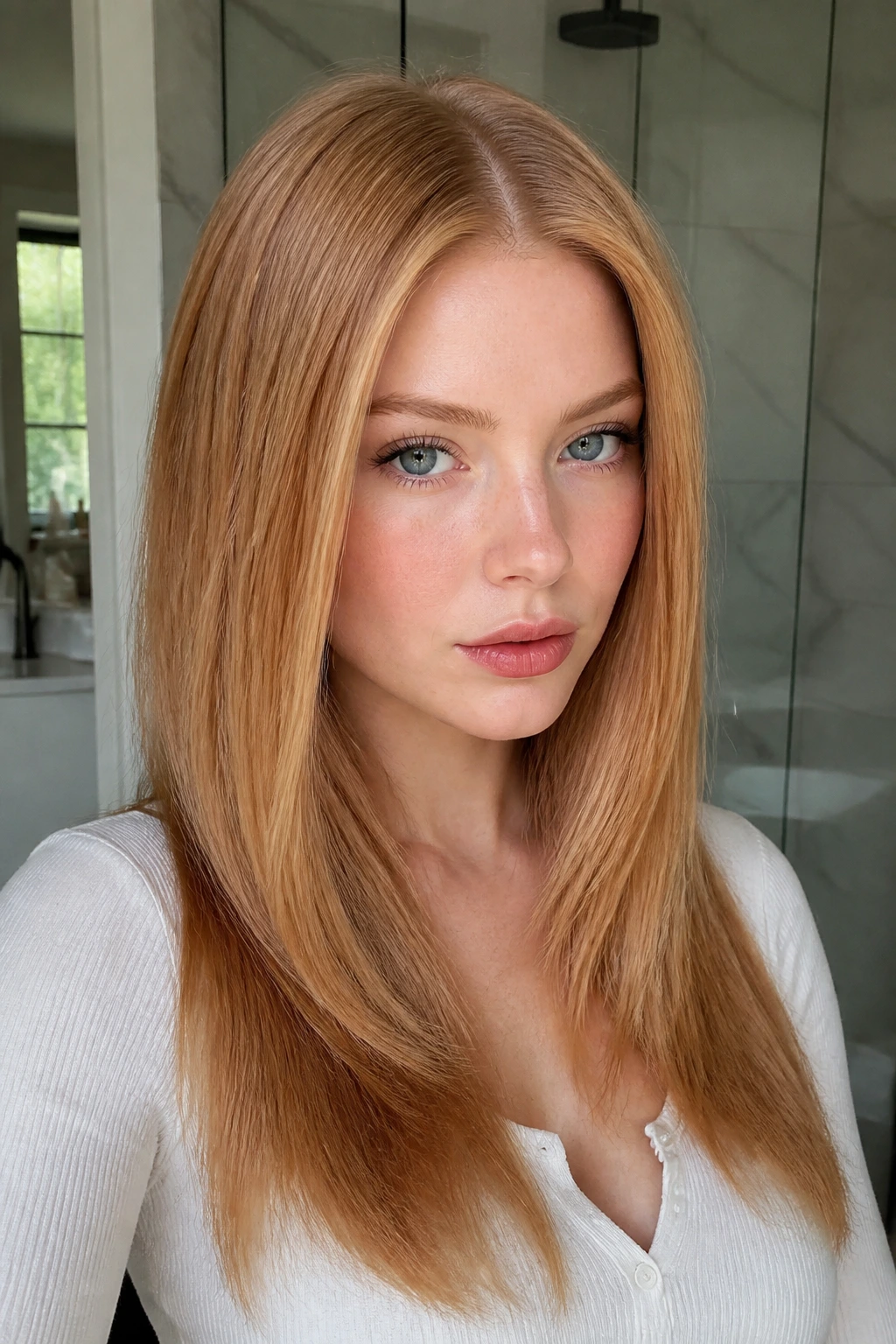 Close-up portrait of a real woman with sleek, middle-part strawberry-blonde hair