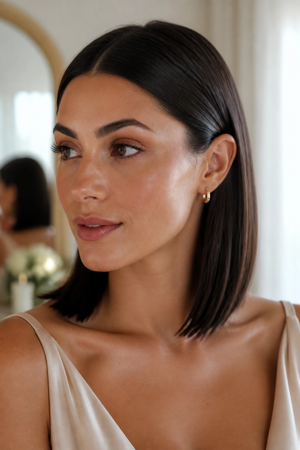 Portrait of a real woman with a sleek middle-part hair tucked behind the ear