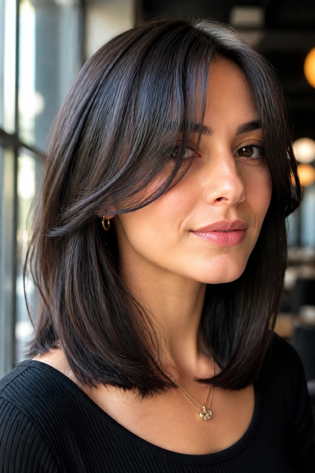 Portrait of a real person with sleek midi cut and long curtain fringe.