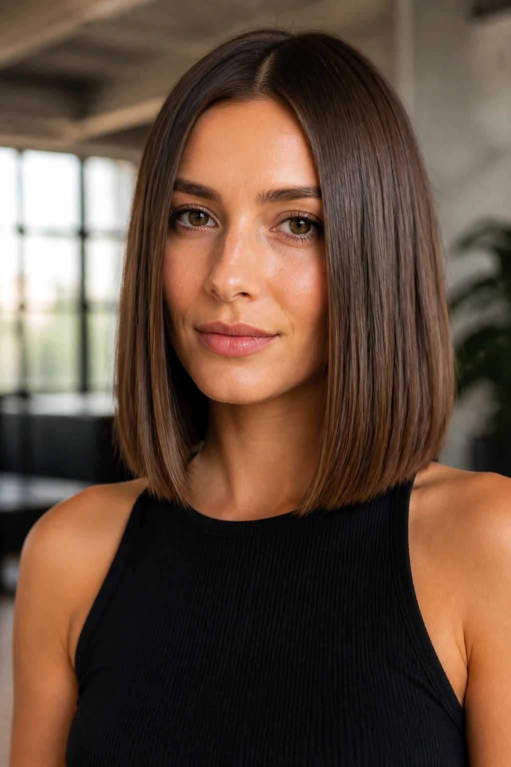 Close-up of a real woman with a sleek midlength blunt cut showing dense, smooth hair.