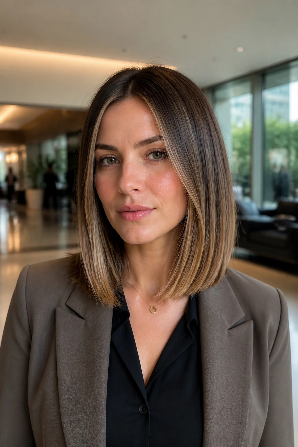 Portrait of a person with a straight, sleek midlength lob and babylights