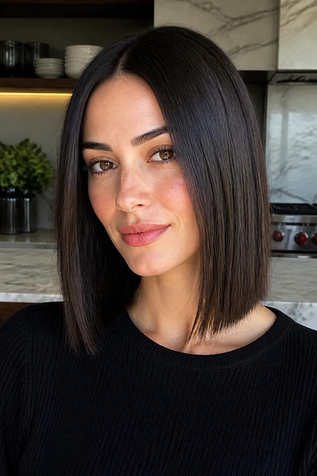 Close-up of a real woman with a sleek one-length medium cut