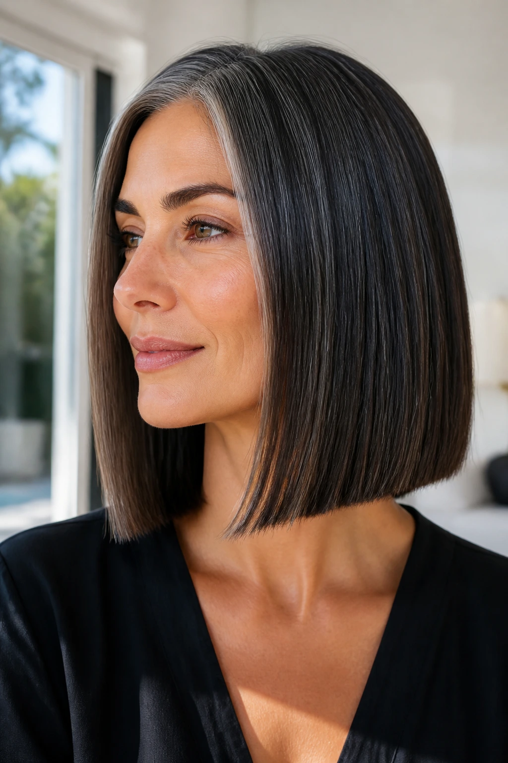 Close-up portrait of a real woman with a sleek, straight one-length lob and subtle silver threads.