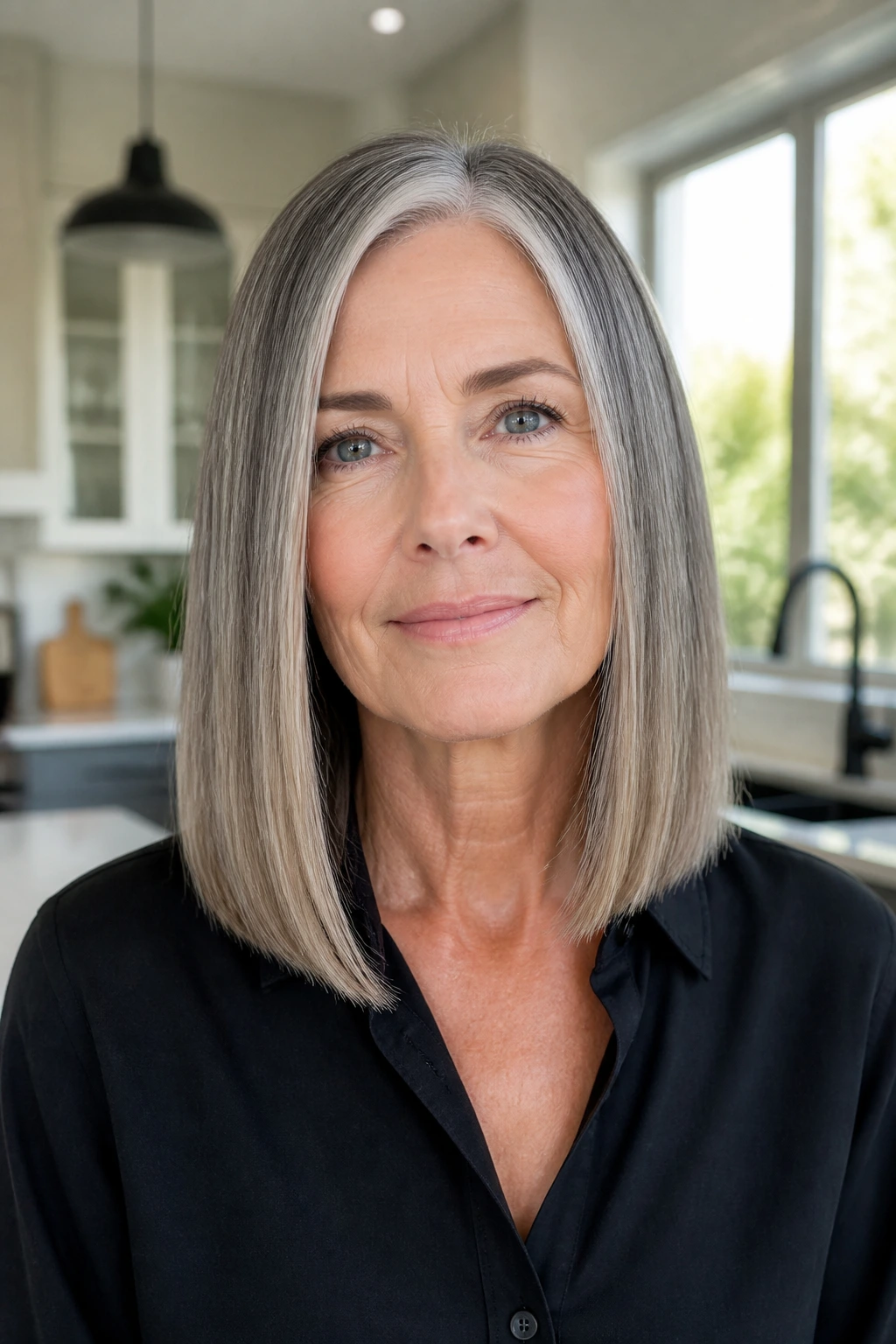 Close-up portrait of a woman with a sleek one-length mid-length cut