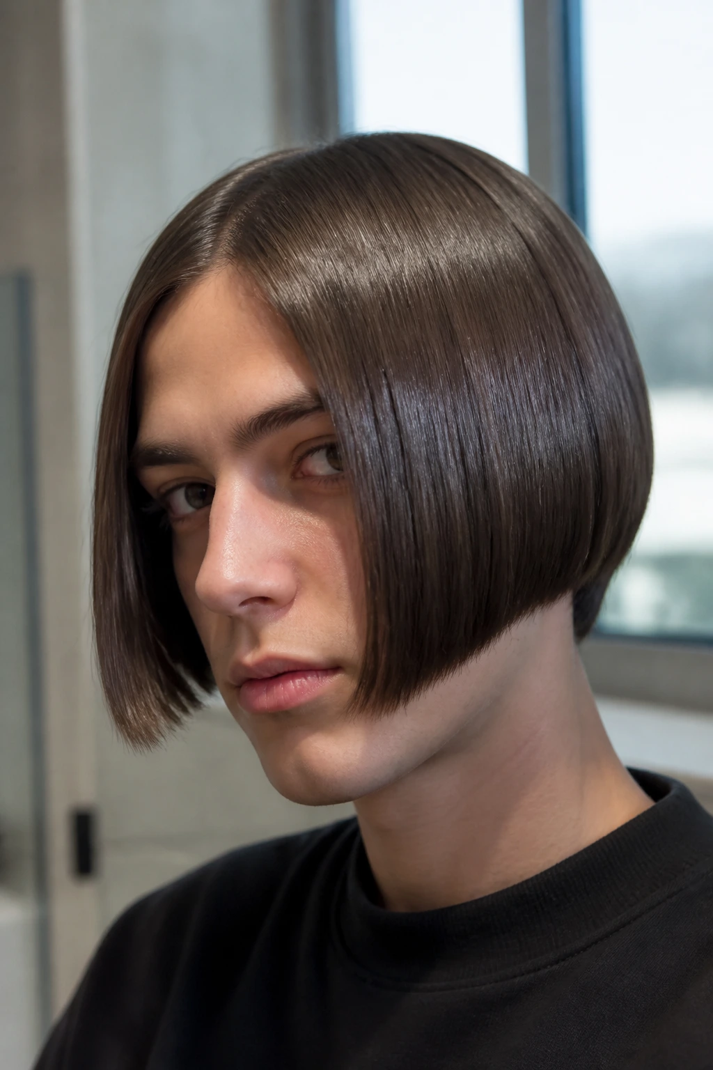 Close-up portrait of a real person with a sleek glossy pageboy and flat, clean outline.