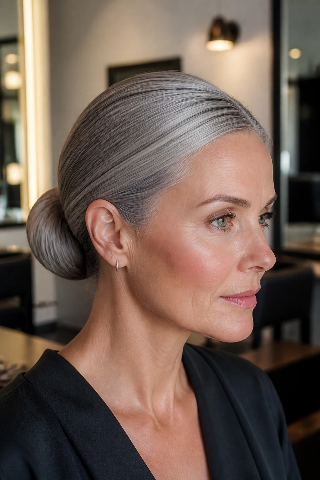 Close-up portrait of a real woman with a sleek smoky pewter silver low bun in a chic salon