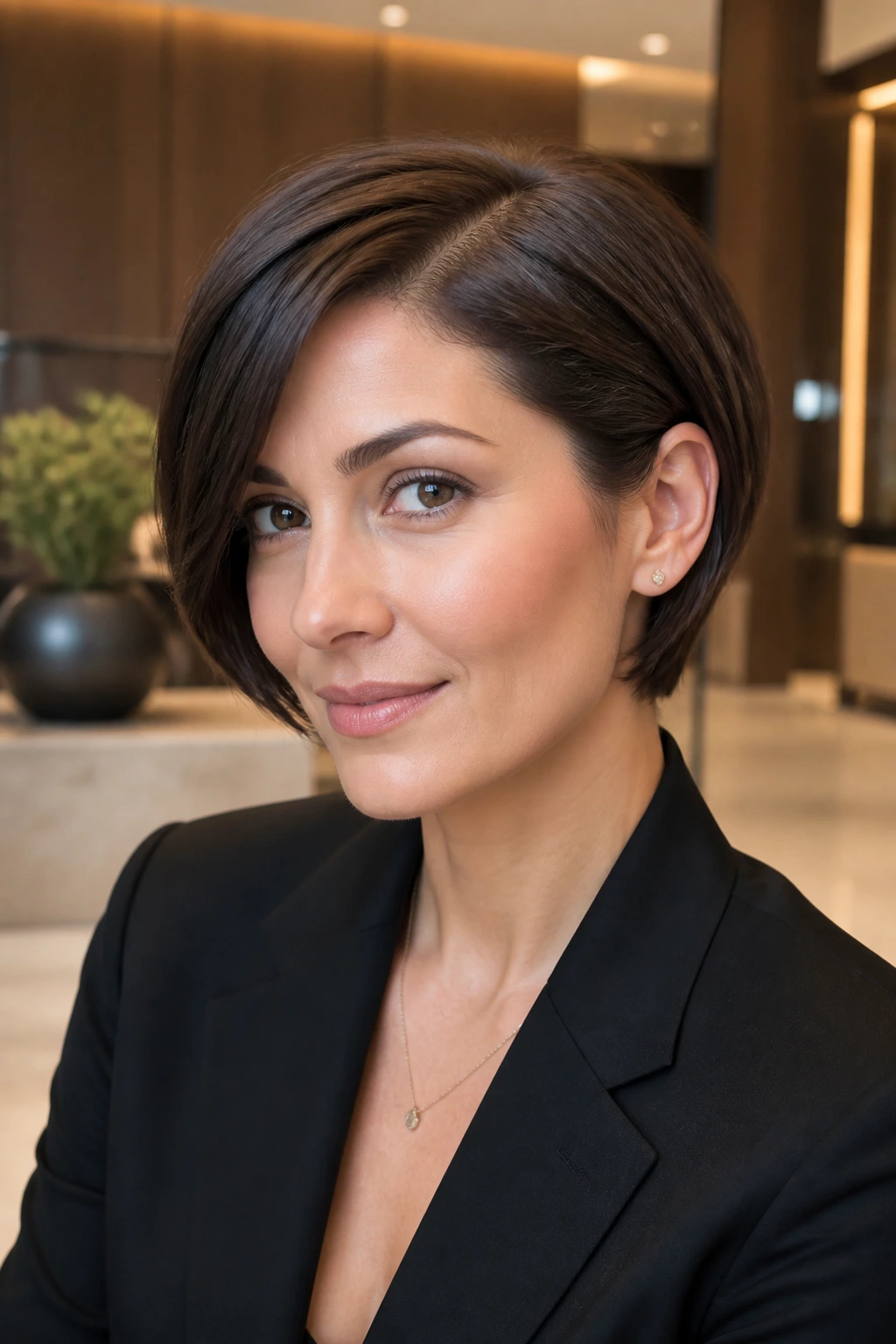 Close-up of a woman with sleek side-part pixie-bob showing cheekbone framing