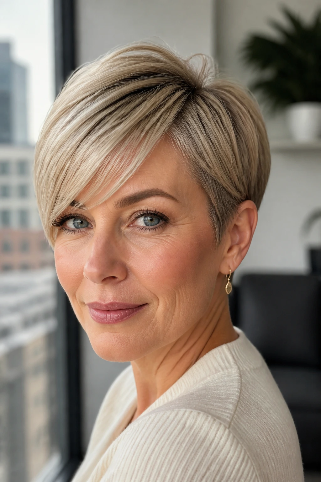 Portrait of a woman with a sleek pixie and side fringe in daylight
