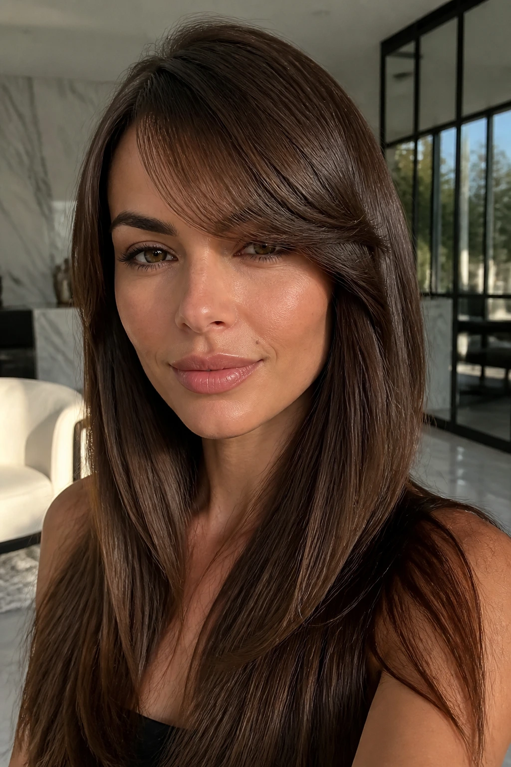 Portrait of a real woman with sleek polished side-swept bangs