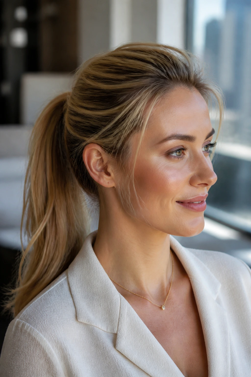 Close-up portrait of a woman with a sleek ponytail and airy crown