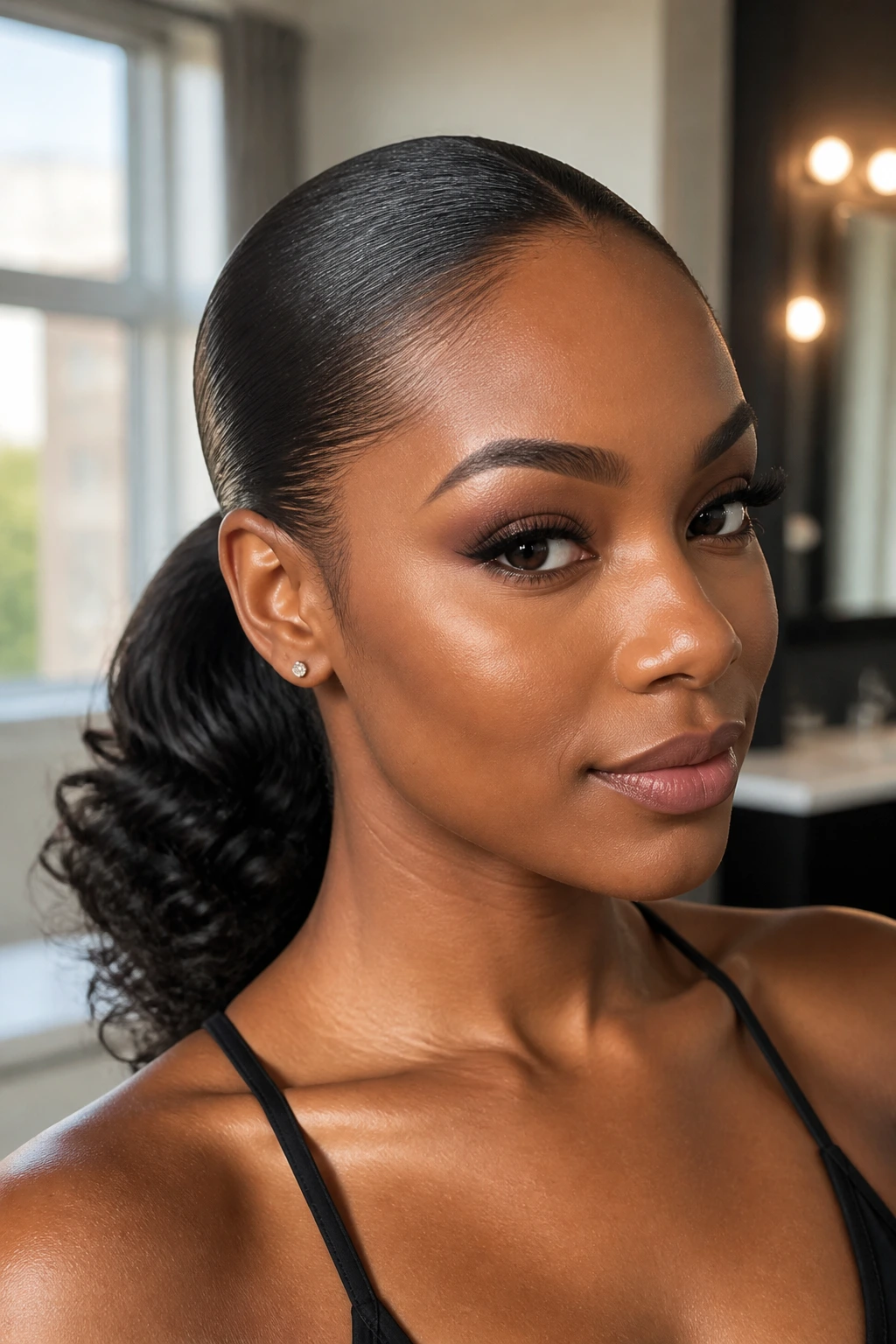 Close-up portrait of a real woman with a sleek ponytail and curled ends