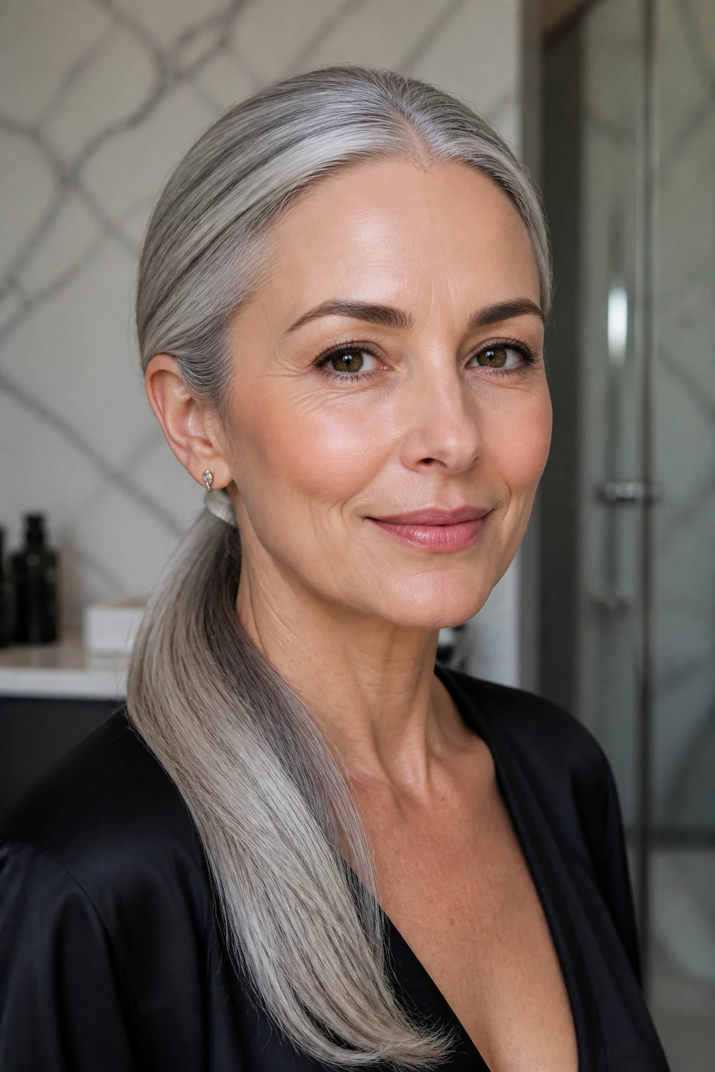 Close-up portrait of a real woman with a wrapped-base low ponytail on silver-gray hair