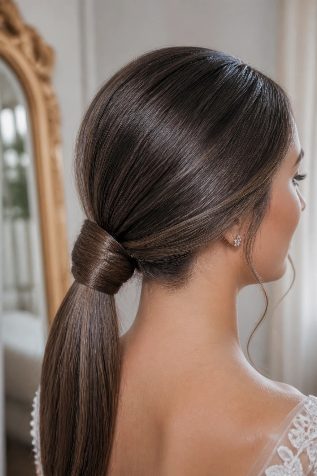 Close-up of real woman's head with a sleek low ponytail tied into a knot in a bridal suite