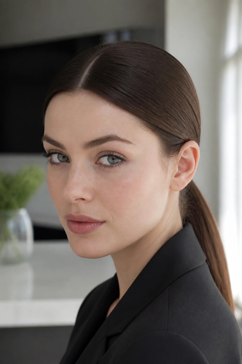 Close-up of a real woman with sleek low ponytail and middle part in medium mocha hair