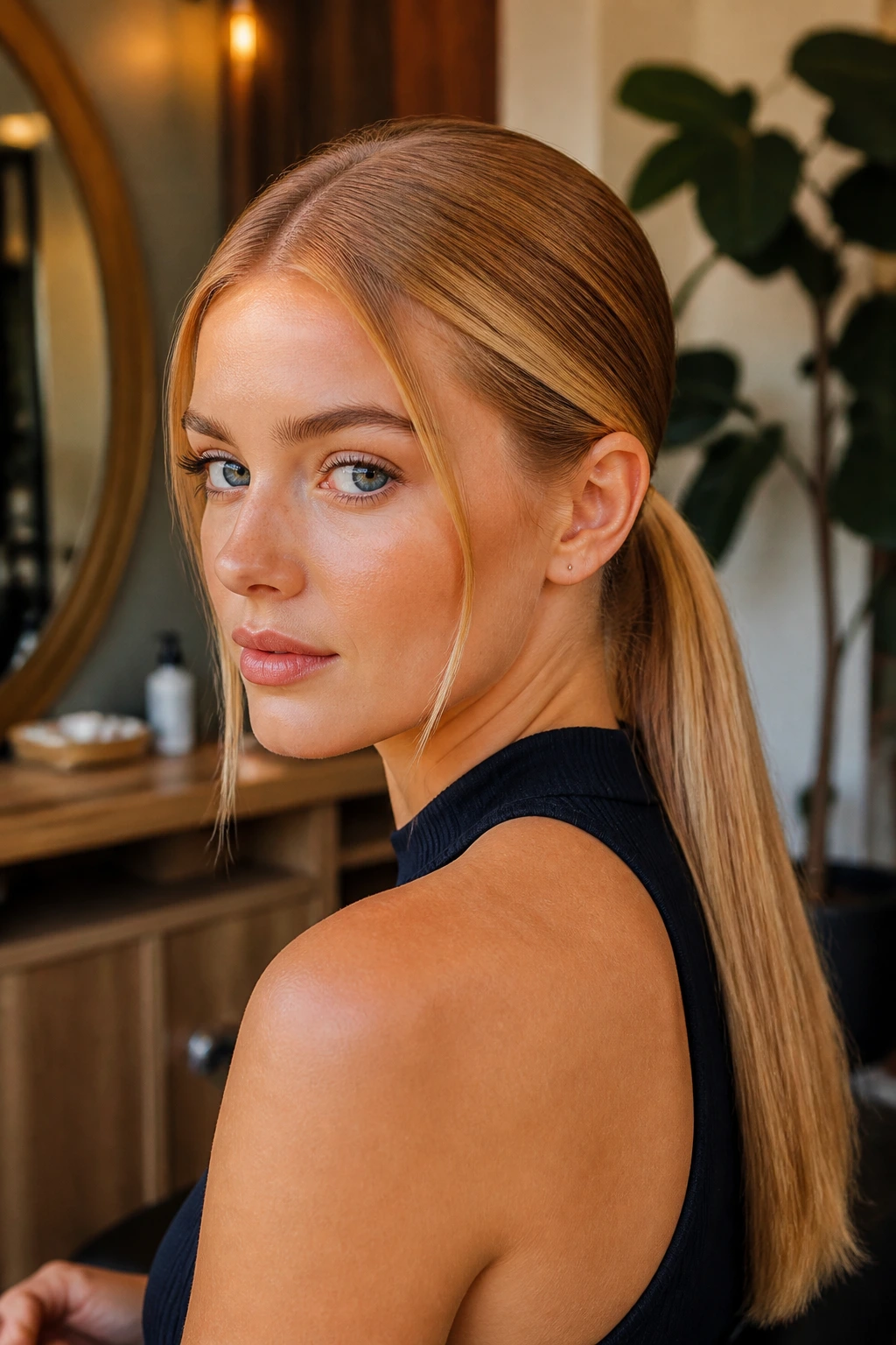 Close-up of a woman with a sleek low ponytail at the nape, crown smooth and glossy, warm salon setting