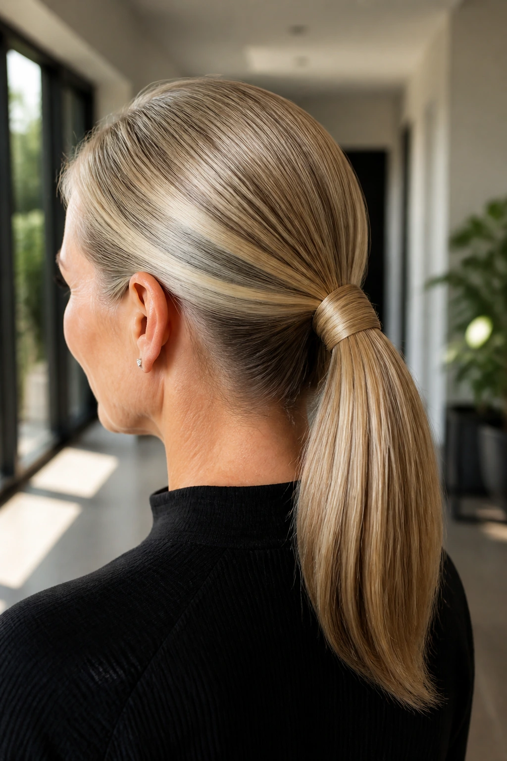 Back/side view of a woman over 40 with a sleek ponytail and wrapped base.