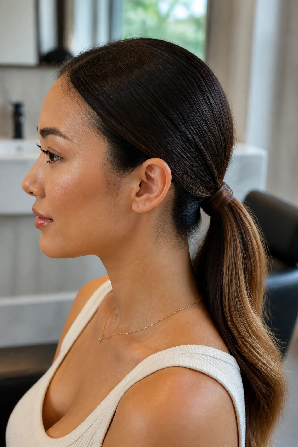 Close-up portrait of a real woman with sleek low ponytail wrapped base on warm undertone skin