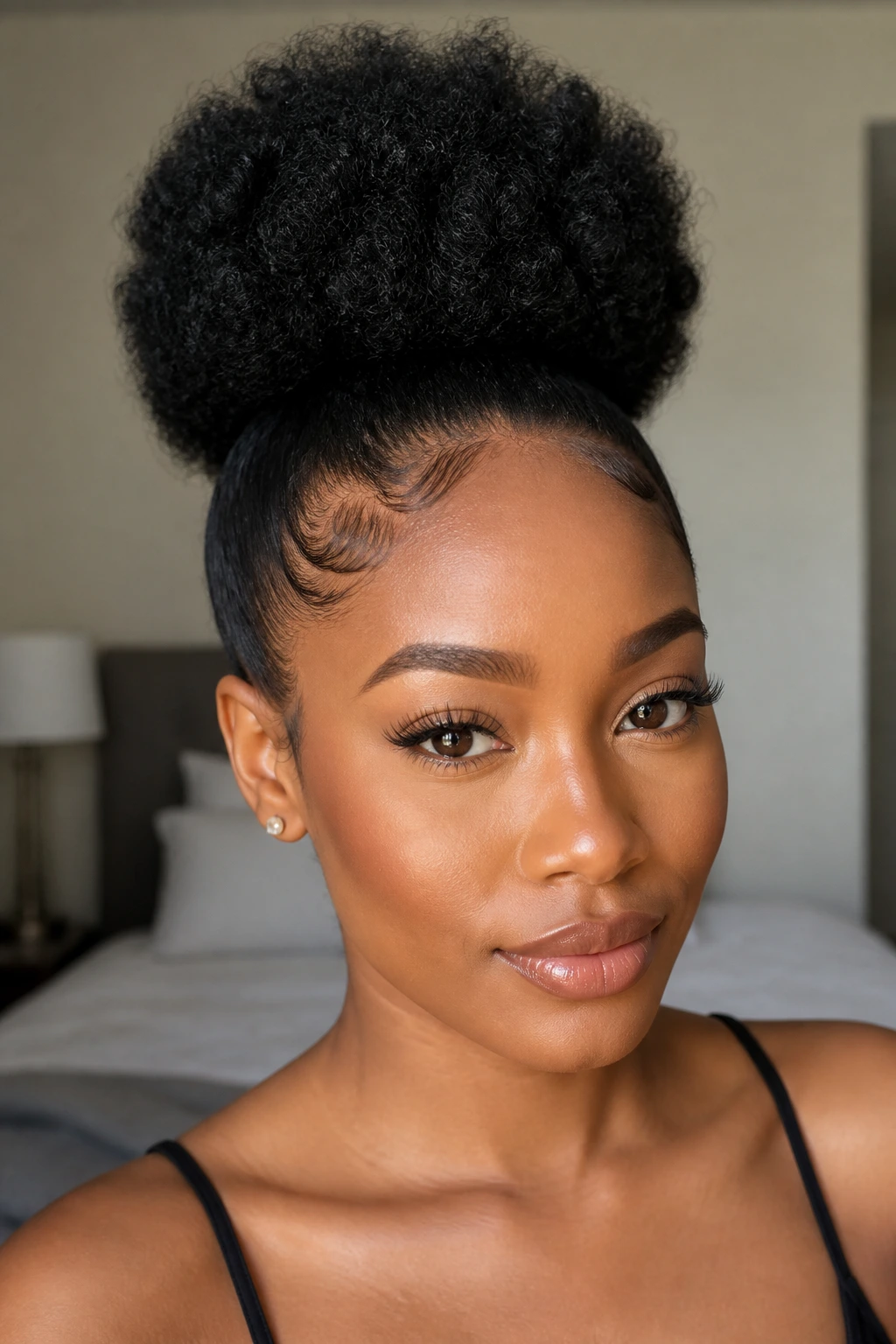 Close-up of a real woman with a high crown puff and sculpted edges in natural light