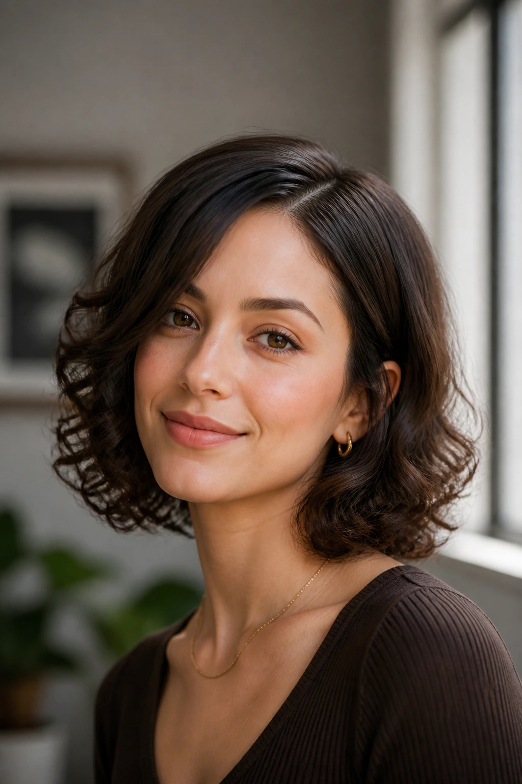 Close-up of sleek-root lob with curly ends on a real woman