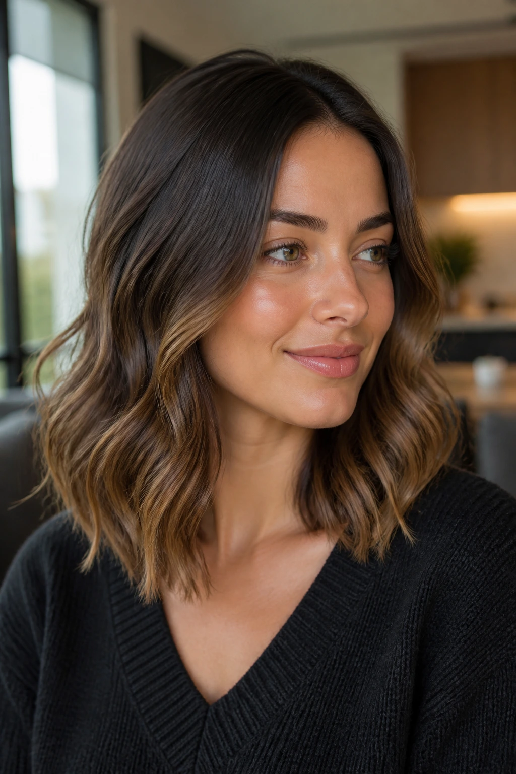 Close-up of a real woman with sleek root and loose mid-length wave lob