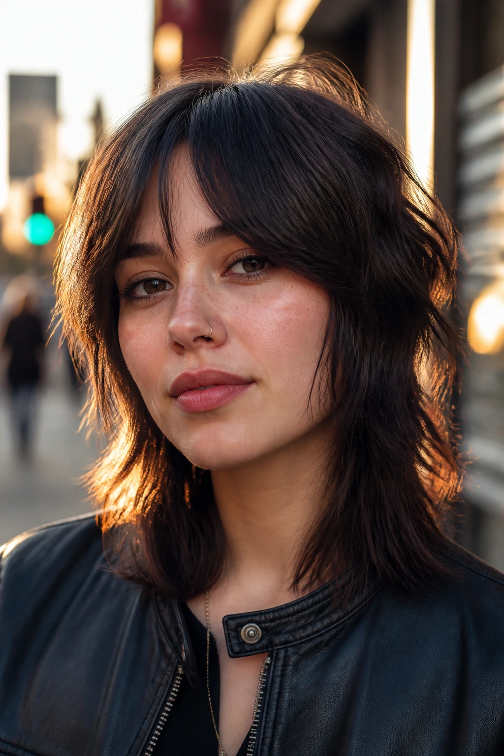 Portrait of a real woman with sleek-root, tousled-end wolf cut on a city street at golden hour