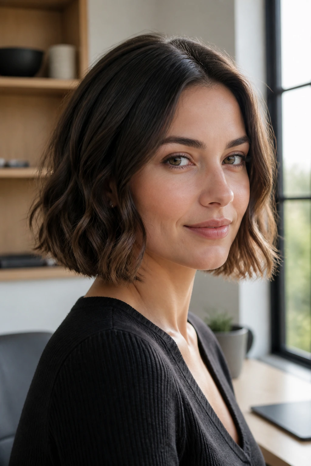 Close-up of a woman with a sleek-root wavy bob in a modern home office