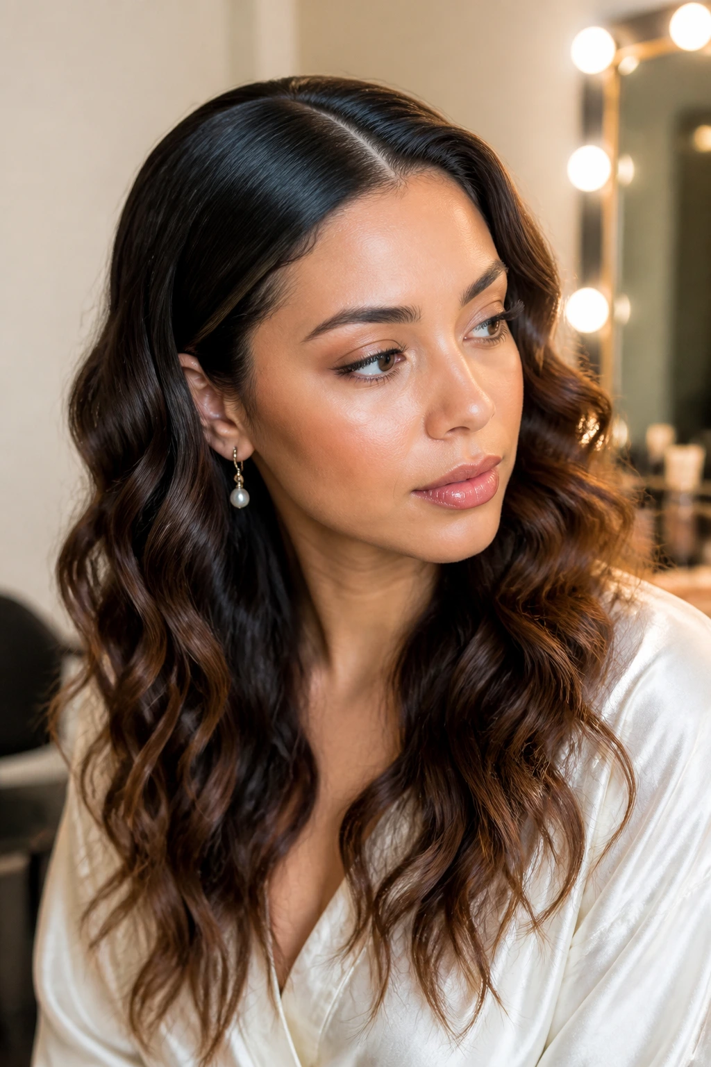 Close-up of a real woman with sleek roots and soft length waves in a dressing-room setting.