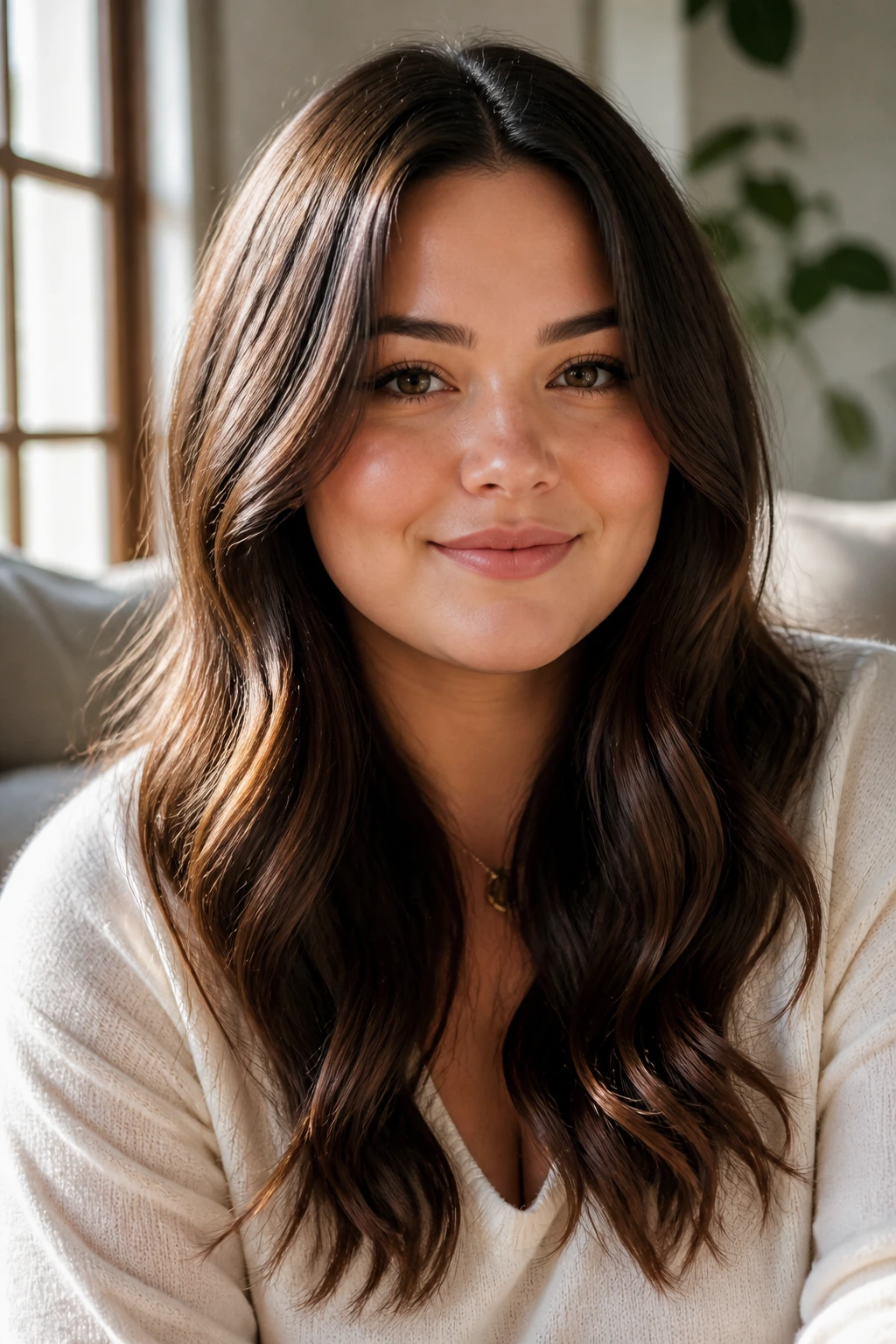 Portrait of a woman with sleek-root, airy-length waves and flat roots